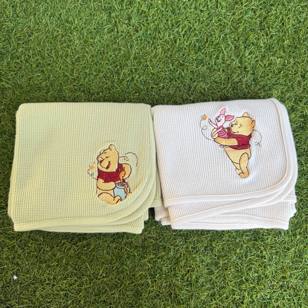 Vtg 90s Disney Winnie the Pooh Piglet Waffle Knit Baby Blanket Set 28x24 Kidcore